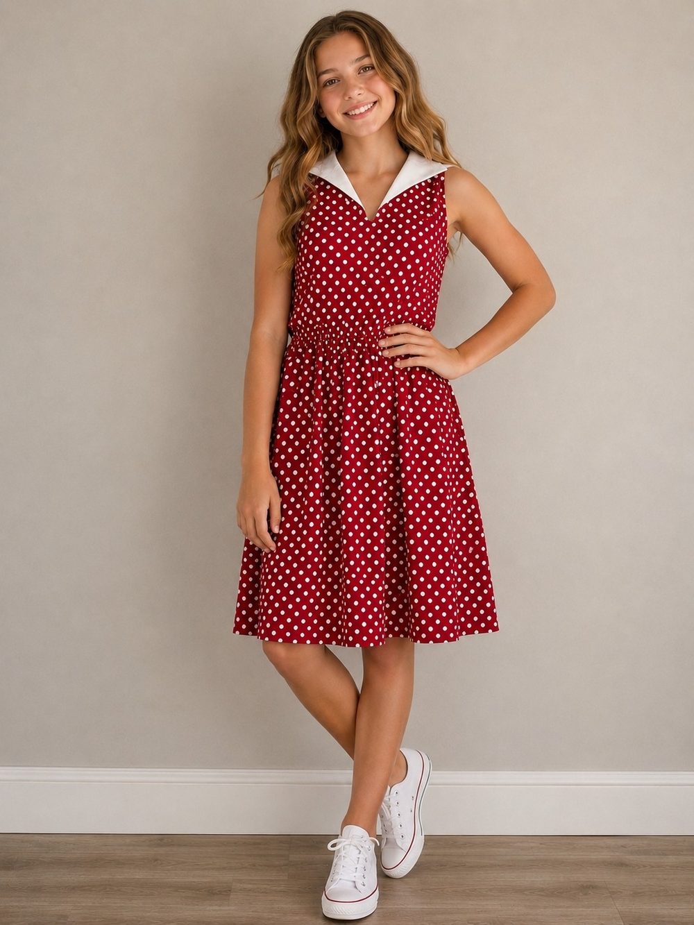 Sleeveless Red Polka Dot Dress with White Collar - 14Y